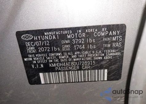 2013 Hyundai Elantra Gls (Ulsan Plant) from USA, damaged, VIN KMHDH4AE8DU728915